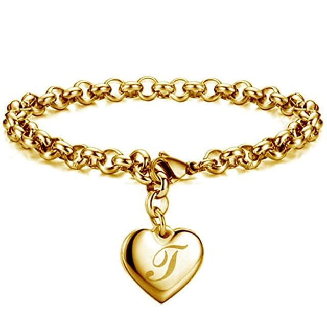'Charmed' Initial Charm Gold Stainless Steel Heart Bracelet T Bracelets by Bling Addict | BlingxAddict