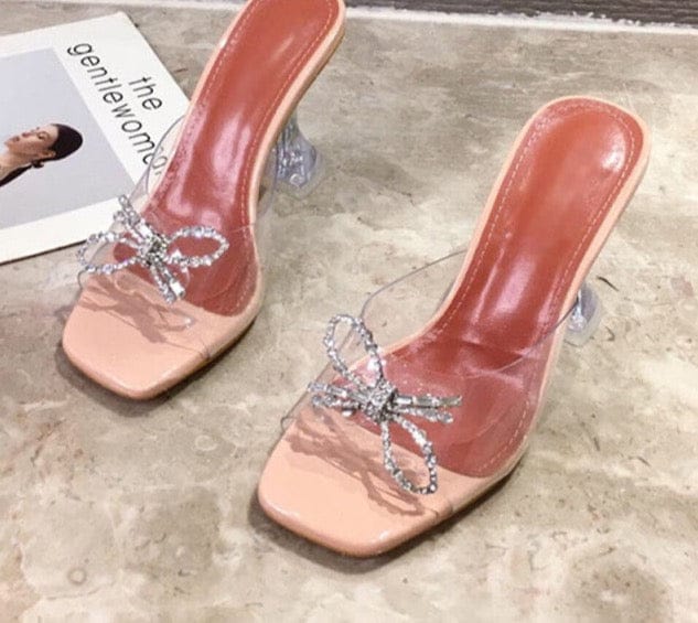 'Cinderella' PVC Transparent Crystal Square Toe Sandals Apricot 5 Shoes by BlingxAddict | BlingxAddict