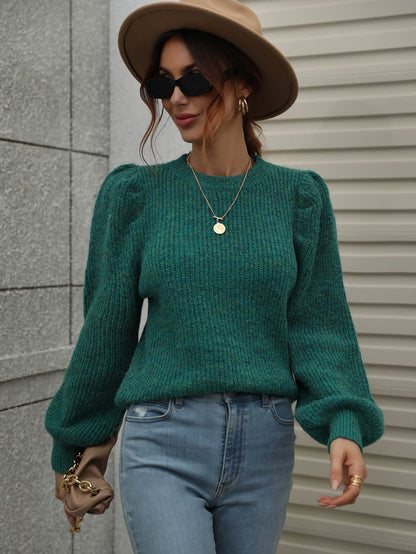 Heathered Long Lantern Sleeve Rib-Knit Sweater Green S by Trendsi | BlingxAddict