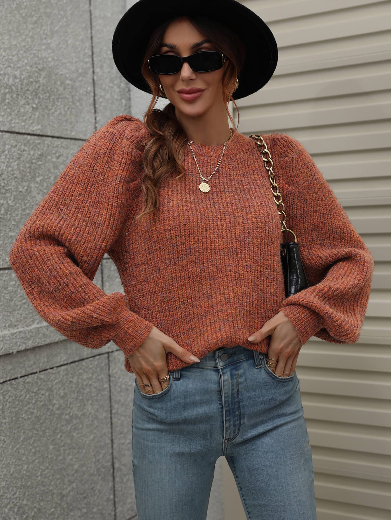 Heathered Long Lantern Sleeve Rib-Knit Sweater Orange S by Trendsi | BlingxAddict