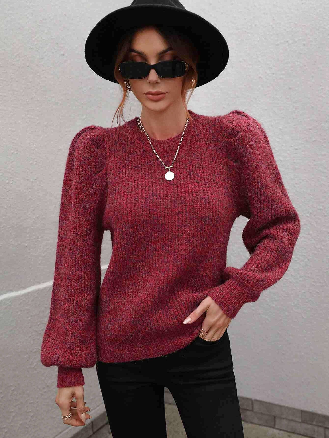 Heathered Long Lantern Sleeve Rib-Knit Sweater Red S by Trendsi | BlingxAddict