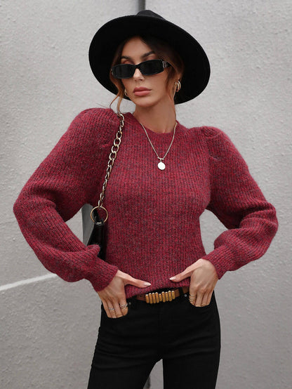 Heathered Long Lantern Sleeve Rib-Knit Sweater by Trendsi | BlingxAddict