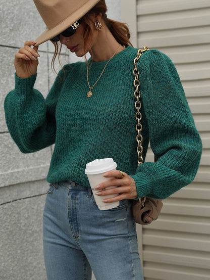 Heathered Long Lantern Sleeve Rib-Knit Sweater by Trendsi | BlingxAddict