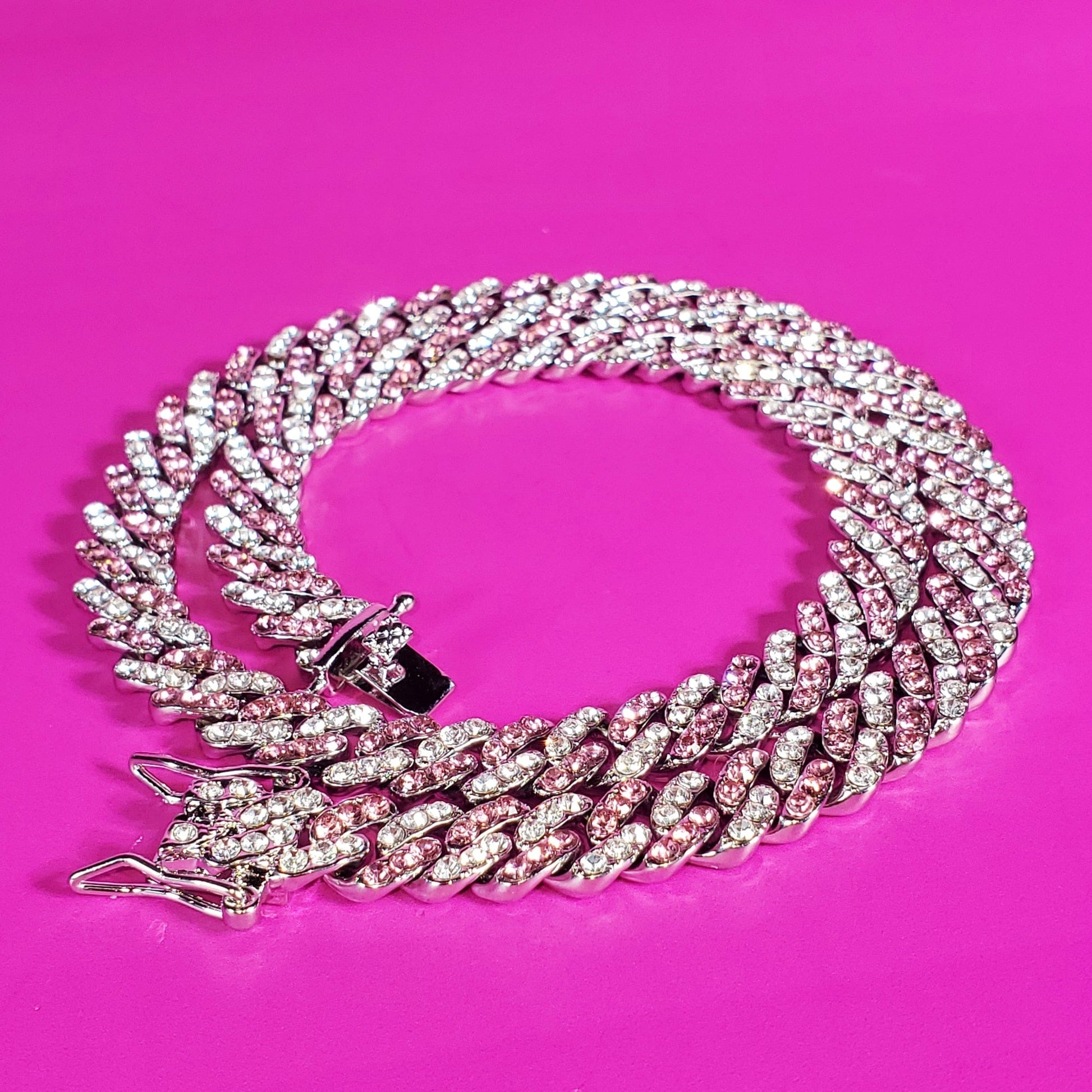 'Crystal Candy Cane' 9mm Pink & Clear CZ Cuban Chain Silver Necklaces by Bling Addict | BlingxAddict