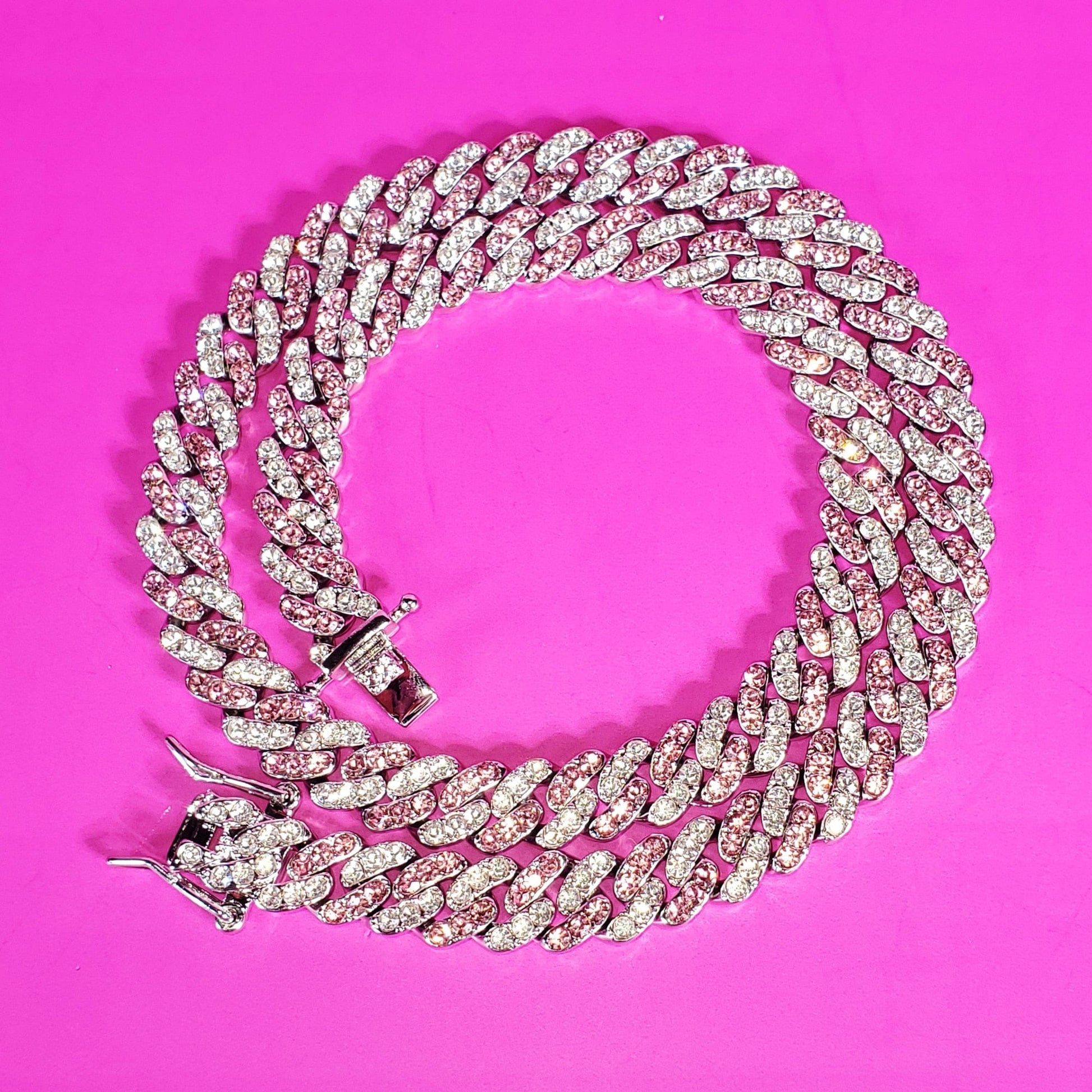 'Crystal Candy Cane' 9mm Pink & Clear CZ Cuban Chain Silver Necklaces by Bling Addict | BlingxAddict
