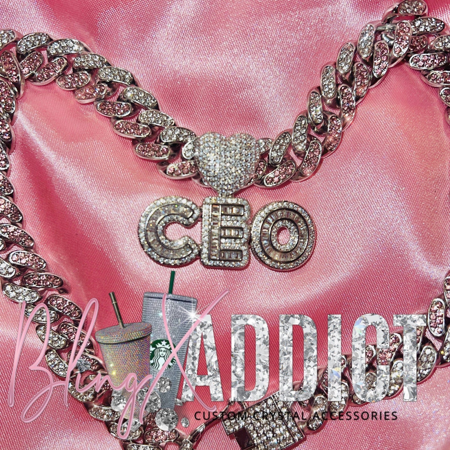 'Crystal Swirl' Pink & Clear CZ Custom Cuban Link Chain CUSTOM 3 LETTERS 20 Inches Necklaces by Bling Addict | BlingxAddict