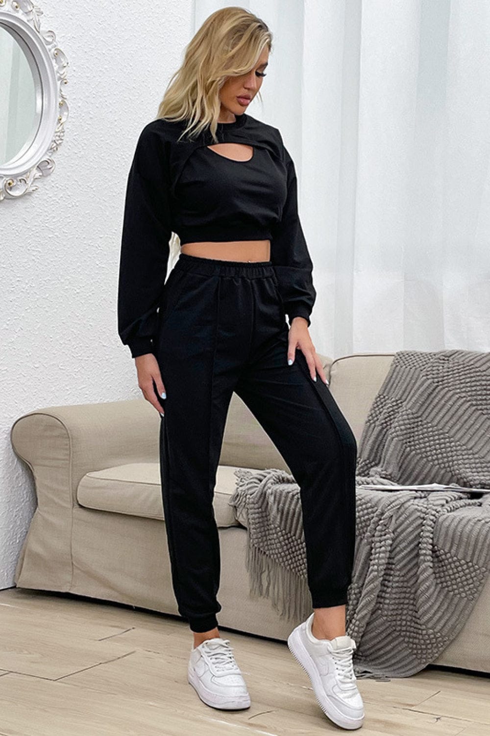 Cut Out Crop Top and Joggers Set Black Clothes by Trendsi | BlingxAddict