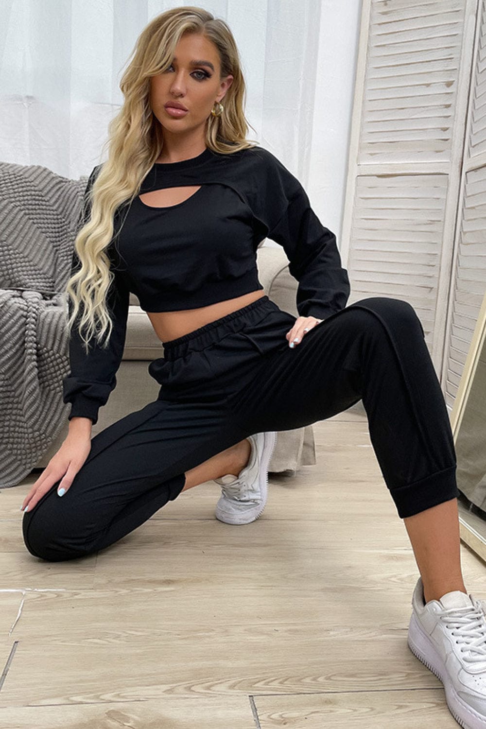 Cut Out Crop Top and Joggers Set Black Clothes by Trendsi | BlingxAddict