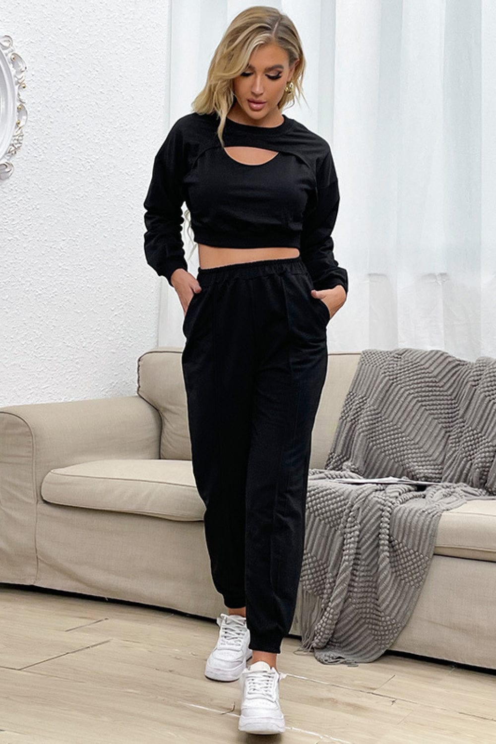 Cut Out Crop Top and Joggers Set Black S Clothes by Trendsi | BlingxAddict