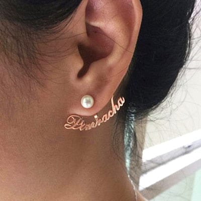 'Dainty' CZ Curved Custom Name Earrings Rose Gold with Pearl Jewelry by Bling Addict | BlingxAddict