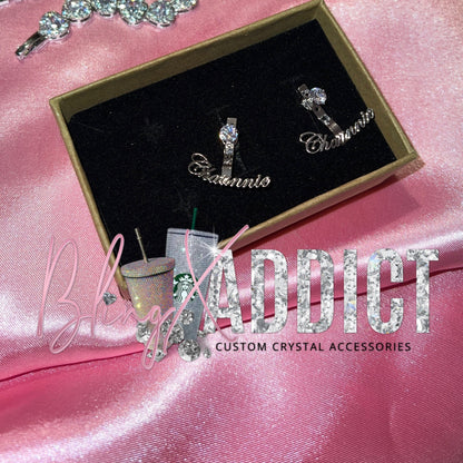 'Dainty' CZ Curved Custom Name Earrings Silver with CZ Diamond Jewelry by Bling Addict | BlingxAddict