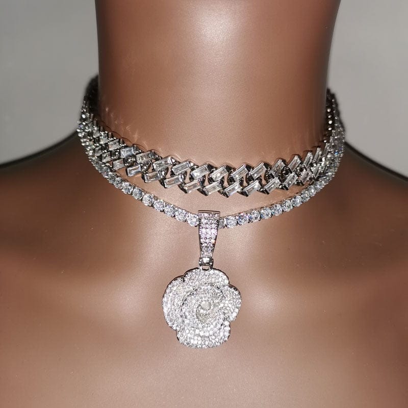 'Dozen Rose Crystals' CZ Rose Pendant With Tennis Chain Necklaces by BlingxAddict | BlingxAddict