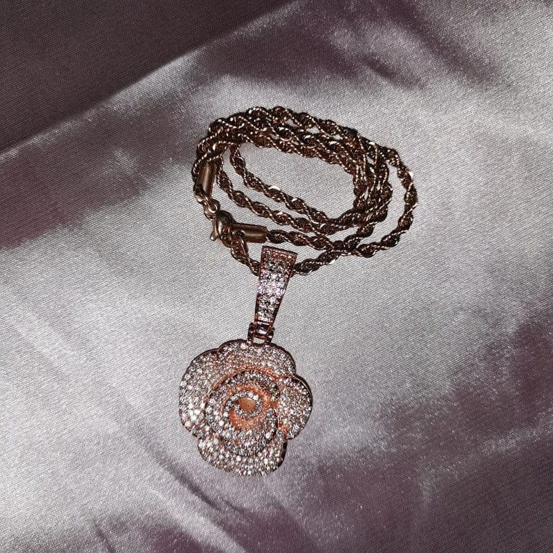 'Dozen Rose Crystals' CZ Rose Pendant With Tennis Chain Rose Gold Plating 24 inch tennis chain Necklaces by BlingxAddict | BlingxAddict