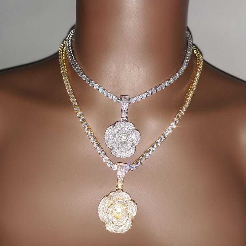 'Dozen Rose Crystals' CZ Rose Pendant With Tennis Chain Silver Plating 24 inch tennis chain Necklaces by BlingxAddict | BlingxAddict