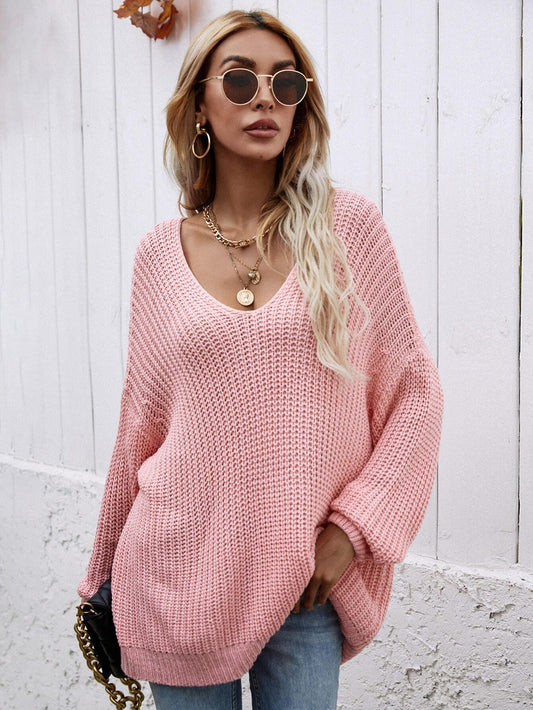'Drop Top' Rib-Knit Drop Shoulder V-Neck Pullover Sweater Pink S by Trendsi | BlingxAddict