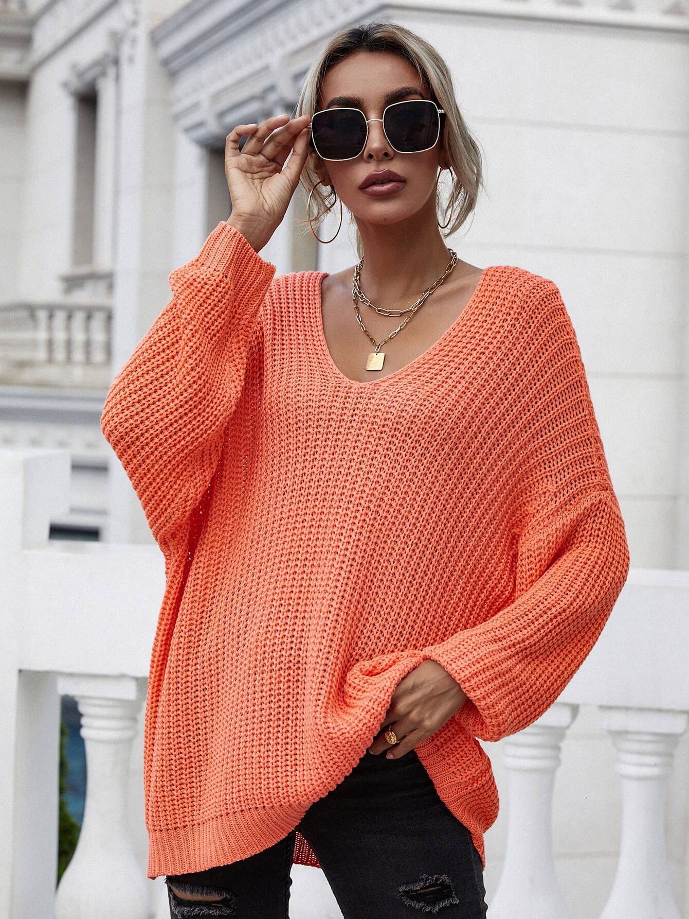 'Drop Top' Rib-Knit Drop Shoulder V-Neck Pullover Sweater Tangerine S by Trendsi | BlingxAddict