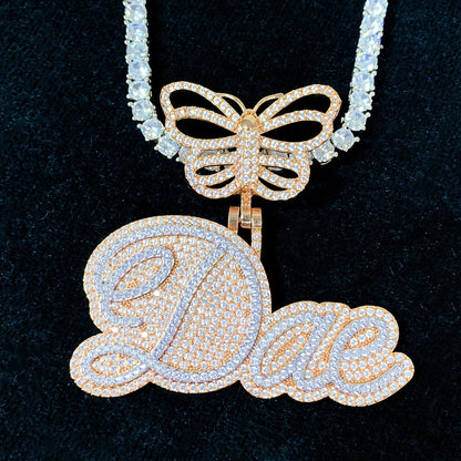 'Fly Me To The Moon' CZ Cursive Letters Name Pendant With Butterfly Clasp Crystal Clear CZ w/ Gold 16inch Tennis Chain 2 Letters by BlingxAddict | BlingxAddict