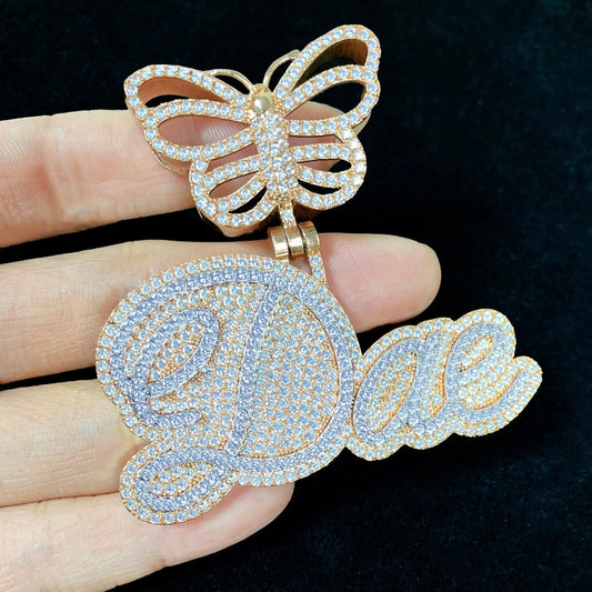 'Fly Me To The Moon' CZ Cursive Letters Name Pendant With Butterfly Clasp Crystal Clear CZ w/ Gold by BlingxAddict | BlingxAddict