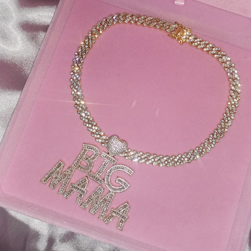 'HER' Heart Hoop Customized CZ Baugette Pendant Name Cuban Link Necklace Necklaces by Bling Addict | BlingxAddict