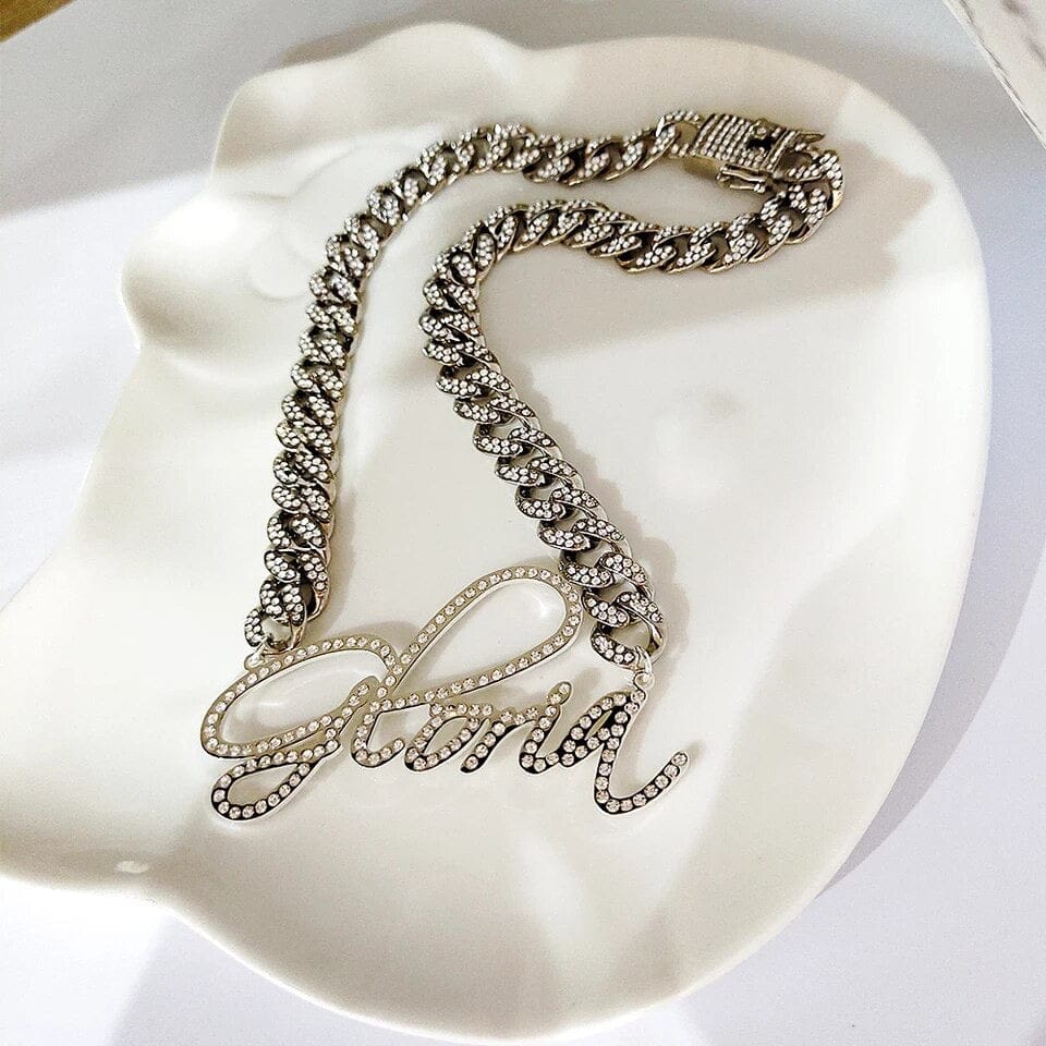 'Hold My Diamonds' Cursive Custom Name Cuban Link Necklace 20INCH SILVER by Bling Addict | BlingxAddict