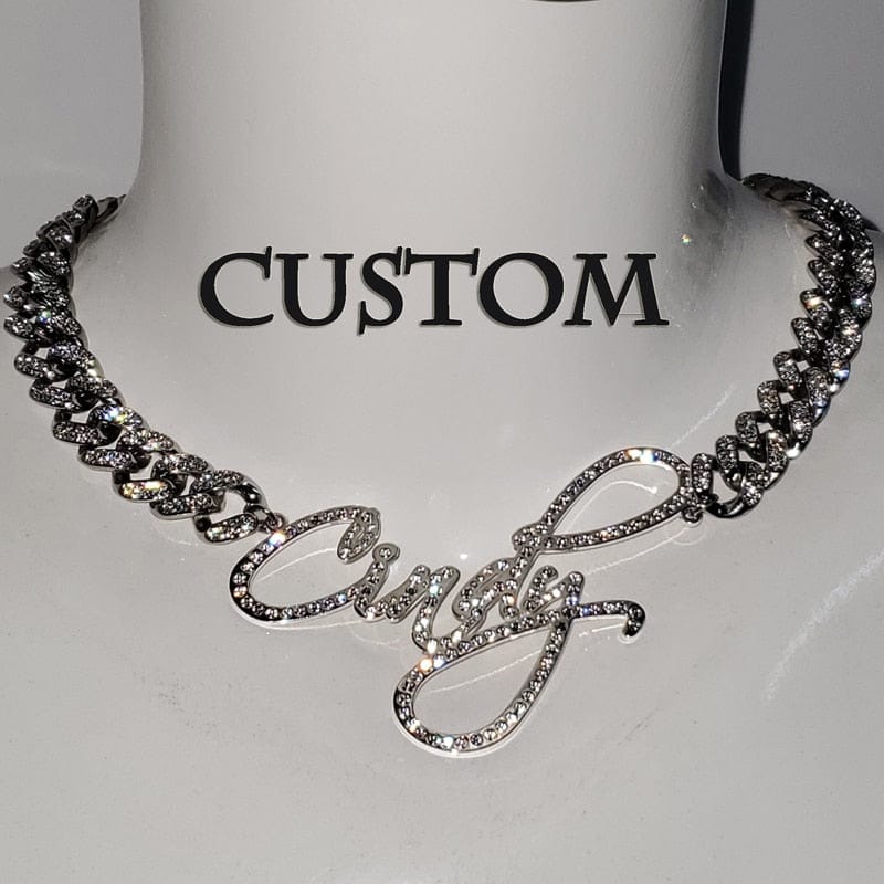 'Hold My Diamonds' Cursive Custom Name Cuban Link Necklace by Bling Addict | BlingxAddict