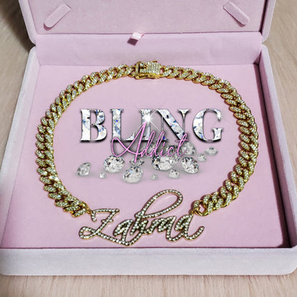 'Hold My Diamonds' Cursive Custom Name Cuban Link Necklace by Bling Addict | BlingxAddict