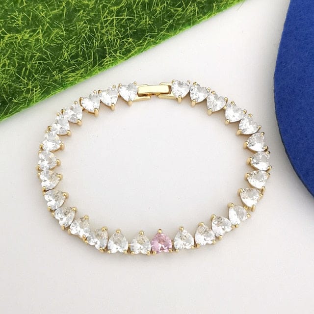 'How Lovely' Crystal Stone Heart CZ Tennis Bracelet Gold w/ Clear & Pink Hearts Bracelets by BlingxAddict | BlingxAddict