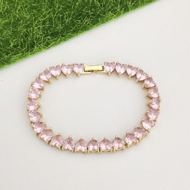 'How Lovely' Crystal Stone Heart CZ Tennis Bracelet Gold w/ Pink Hearts Bracelets by BlingxAddict | BlingxAddict
