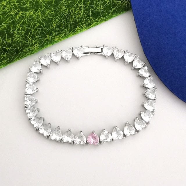 'How Lovely' Crystal Stone Heart CZ Tennis Bracelet Silver w/ Clear & Pink Hearts Bracelets by BlingxAddict | BlingxAddict