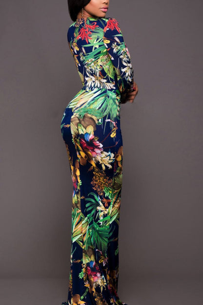 ‘In The Jungle’ Printed Plunge Neck Leg Split Maxi Dress Multicolor Print by Trendsi | BlingxAddict