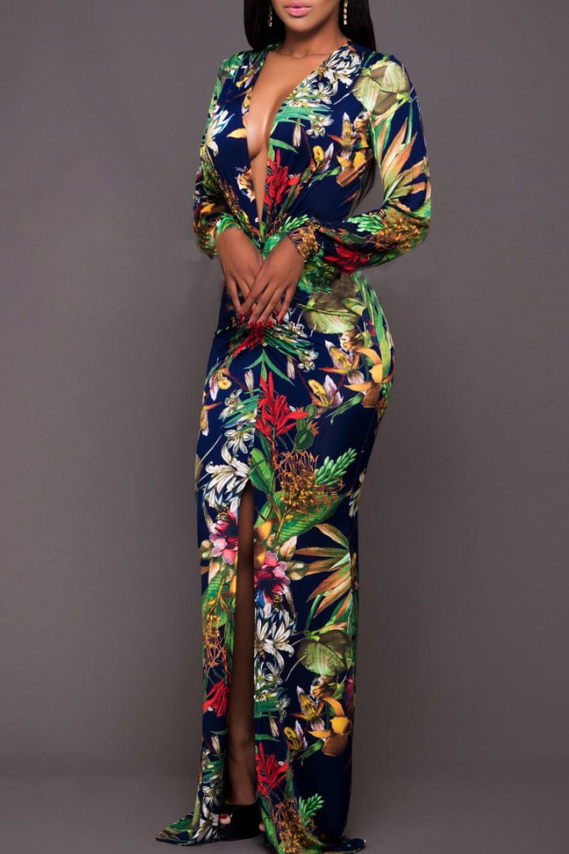 ‘In The Jungle’ Printed Plunge Neck Leg Split Maxi Dress Multicolor Print by Trendsi | BlingxAddict