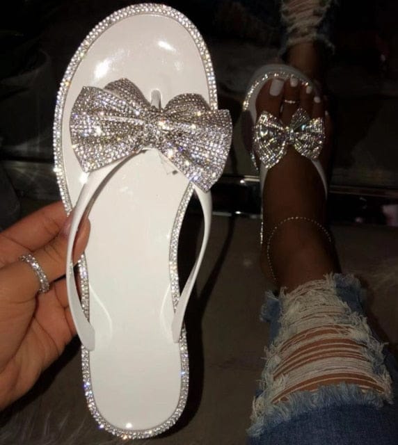 'Jelly Rain' Crystal Bow Flip Flop Sandals White 6.5 by Bling Addict | BlingxAddict