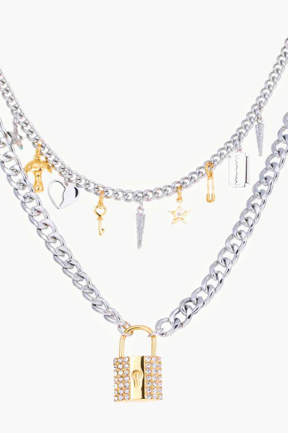 Lock Pendant Double-Layered Necklace Gold/Silver One Size by Trendsi | BlingxAddict