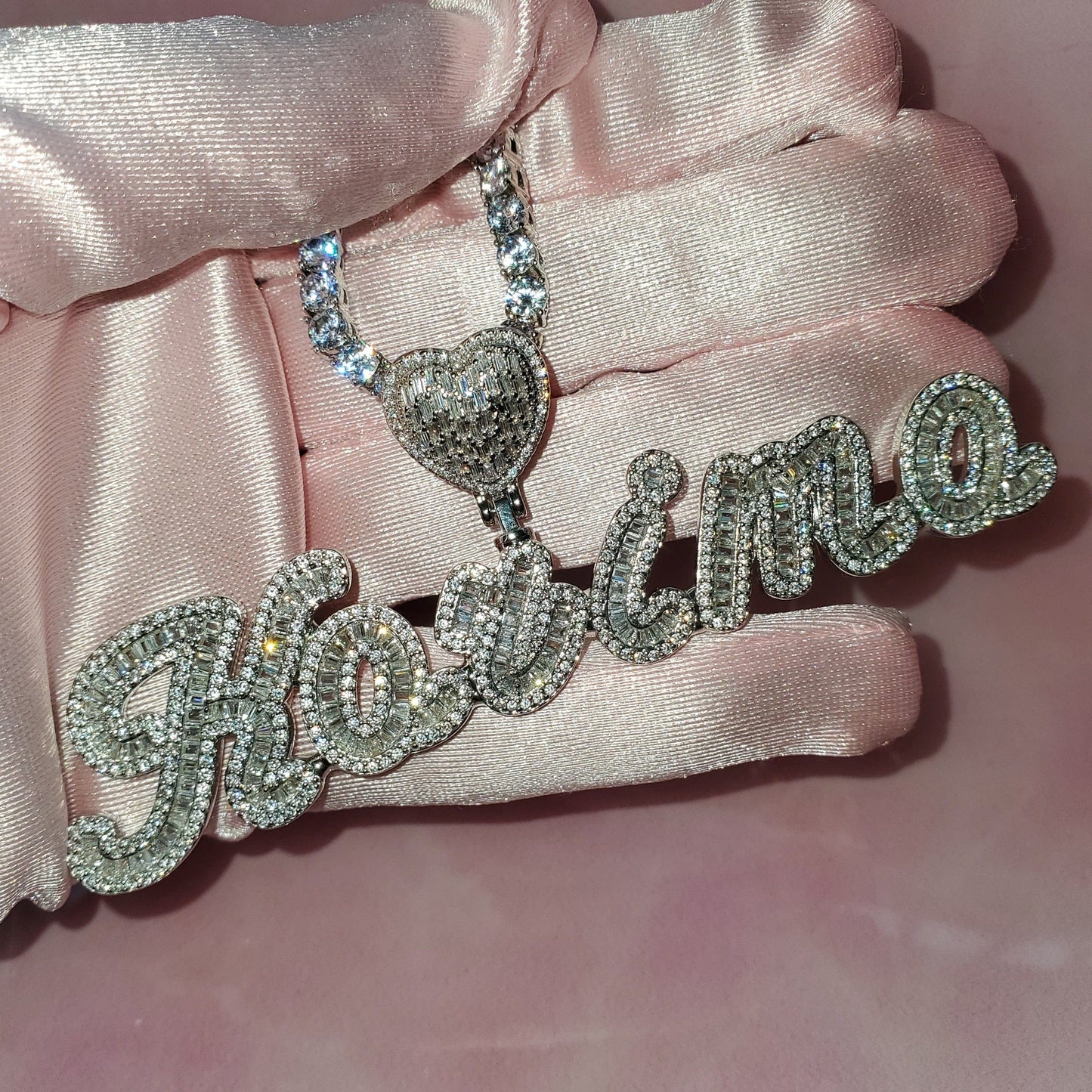 'Memorized Love' Scripted Personalized Heart Tennis Chain & Cuban Link SET