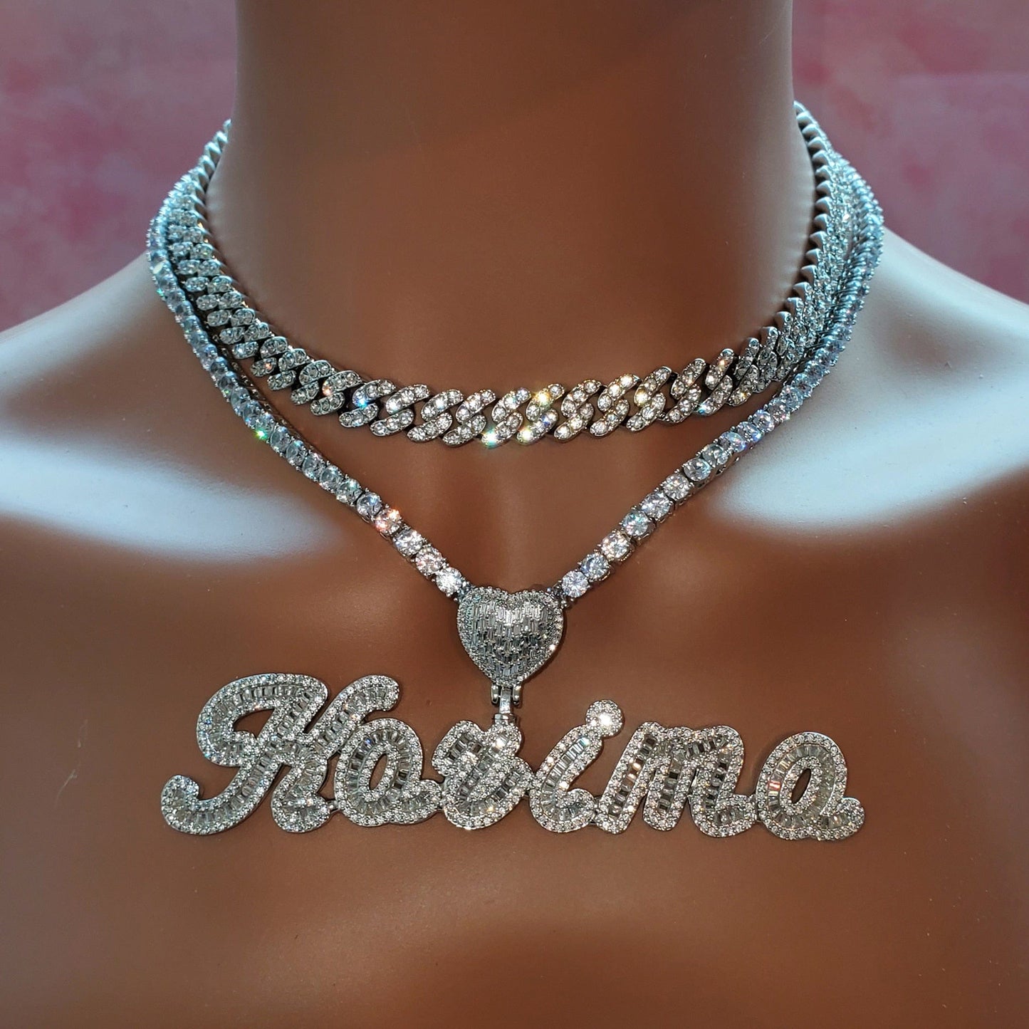 'Memorized Love' Scripted Personalized Heart Tennis Chain & Cuban Link SET
