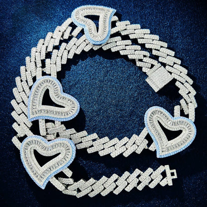 'My Love Is Deep' CZ Iced Cuban Heart Necklace Silver w/ Clear & Blue CZ 18IN one heart by BlingxAddict | BlingxAddict