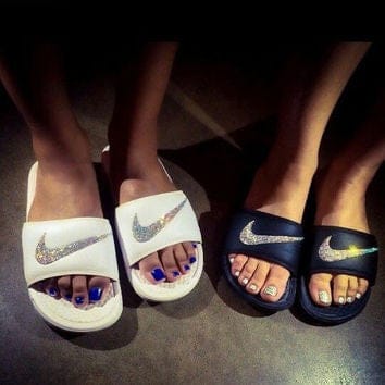 Nike Swoosh Crystal Slides with SWAROVSKI® 5 White Clear Shoes by Ai Candy Bling | BlingxAddict