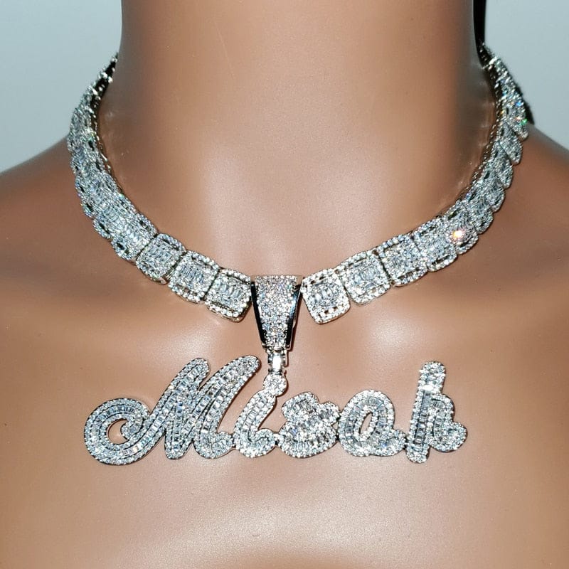 'Ohh, She Icy Icy' Custom Brush Cursive Micro Paved CZ Baguette Chain 4 LETTERS SILVER 24 INCH Necklaces by Orbelo | BlingxAddict