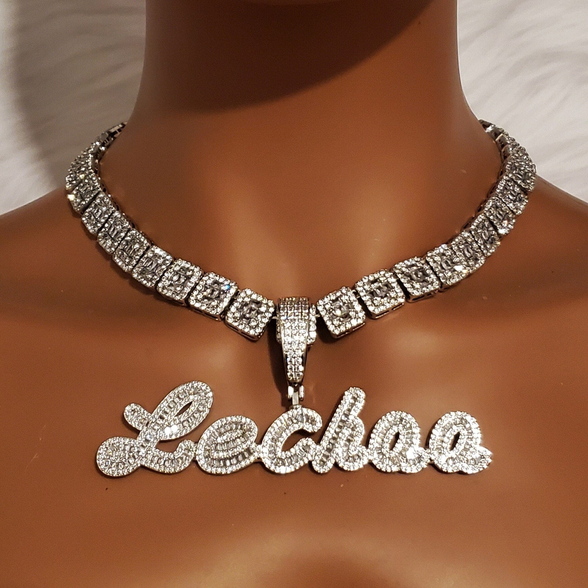 'Ohh, She Icy Icy' Custom Brush Cursive Micro Paved CZ Baguette Chain Necklaces by Orbelo | BlingxAddict