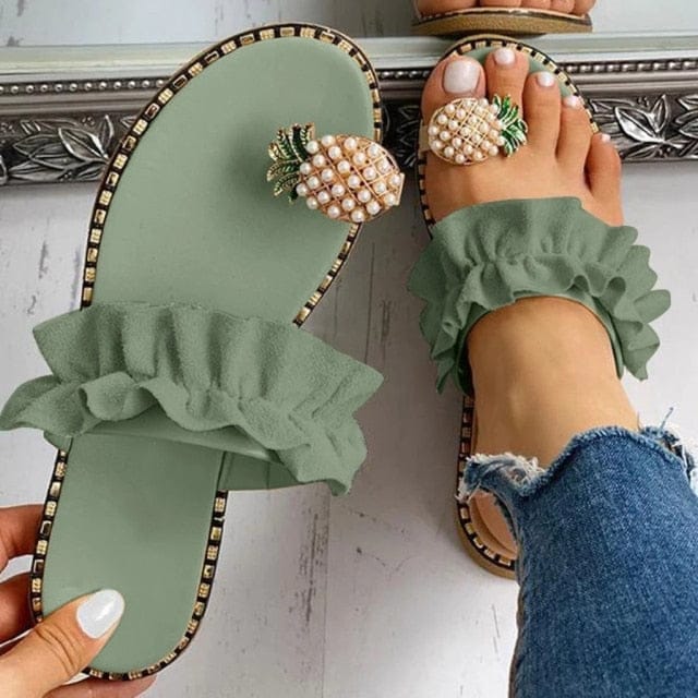 'Pineapple Juice' Pearl Flat Bohemian Sandals Olive Green 5 Shoes by BlingxAddict | BlingxAddict