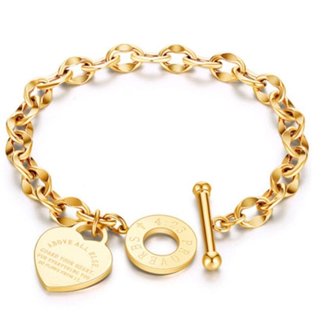 'Proverbs 4:23' Stainless Steel Heart Link Bracelet Gold-color 18cm by Bling Addict | BlingxAddict