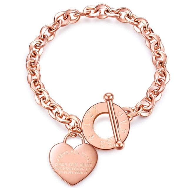 'Proverbs 4:23' Stainless Steel Heart Link Bracelet Rose Gold Color 18cm by Bling Addict | BlingxAddict