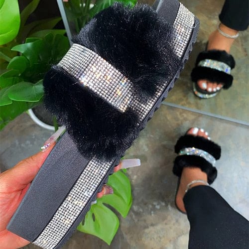 'Purrriod' Crystal Fur Platform Slides Black 5/5.5 Slippers by Bling Addict | BlingxAddict
