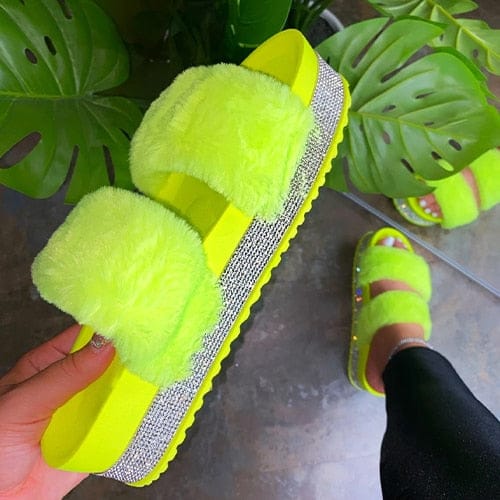 'Purrriod' Crystal Fur Platform Slides Green 8/8.5 Slippers by Bling Addict | BlingxAddict