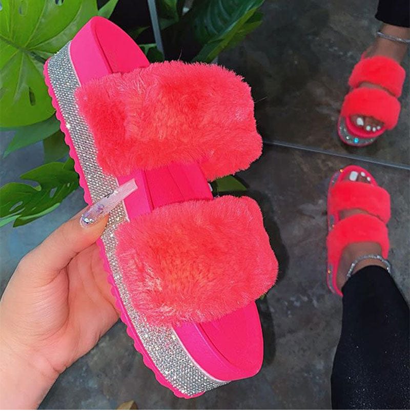 'Purrriod' Crystal Fur Platform Slides Hot Pink 10/10.5 Slippers by Bling Addict | BlingxAddict