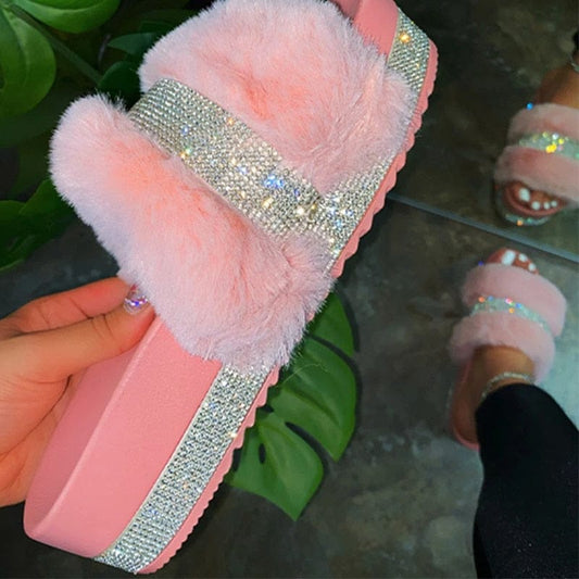 'Purrriod' Crystal Fur Platform Slides Pink 4/4.5 Slippers by Bling Addict | BlingxAddict