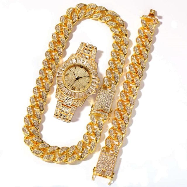 'Queen's Time' Iced Out CZ Watch & Cuban Pave Chain Set GOLD Watches by Bling Addict | BlingxAddict