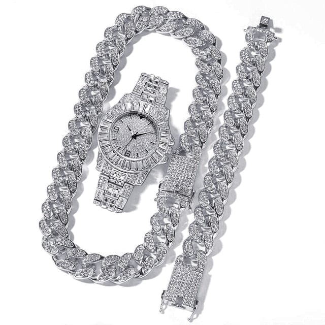'Queen's Time' Iced Out CZ Watch & Cuban Pave Chain Set SLIVER Watches by Bling Addict | BlingxAddict
