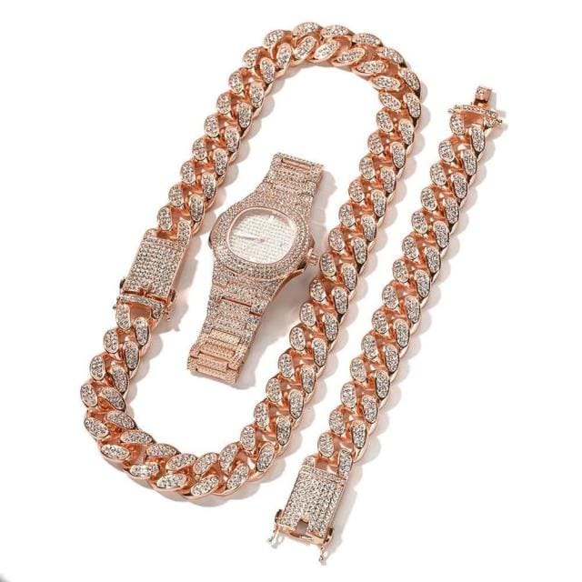 'Queen's Time' Iced Out CZ Watch & Cuban Pave Chain Set Watches by Bling Addict | BlingxAddict