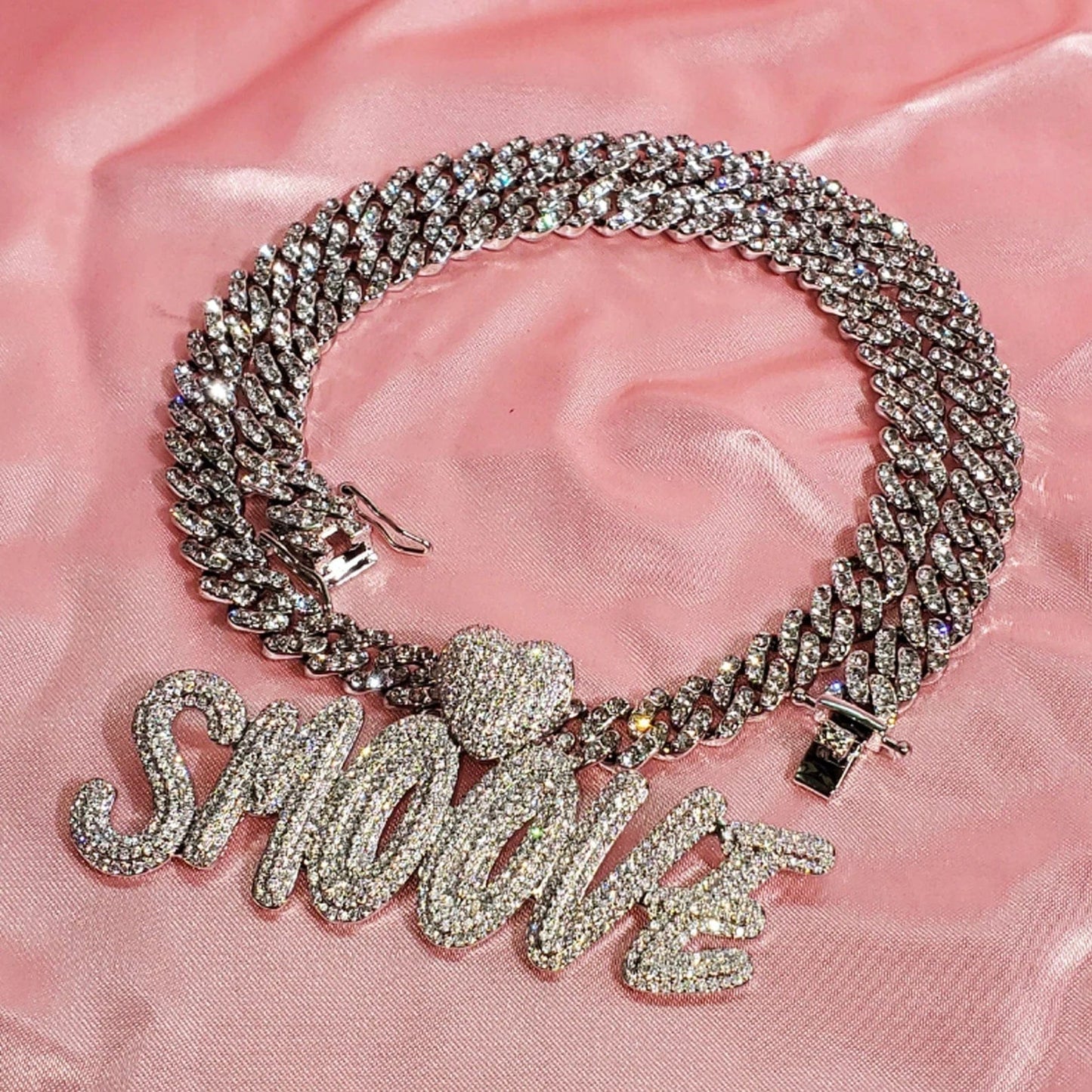 ‘Stop & Stare' CZ Heart Custom Name Cuban Chain CUSTOM 10 LETTERS 20 Inches SILVER Necklaces by Bling Addict | BlingxAddict